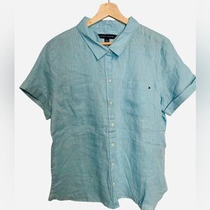 Tommy Hilfiger 100% Linen Camp Shirt Women's XL Blue Button Up Pocket Logo NWOT